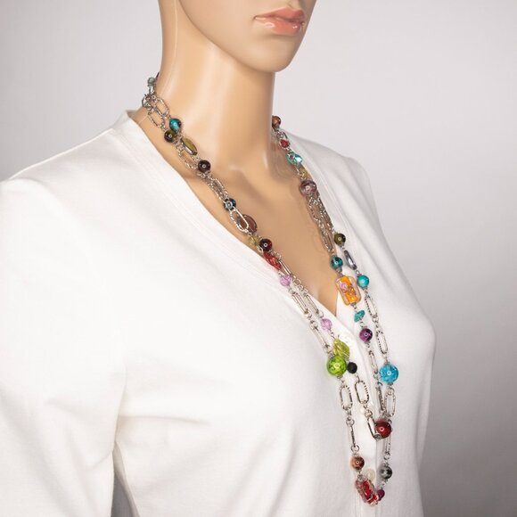 Long Necklace With Chains And Colorful Faux Stones - Picture 5 of 15